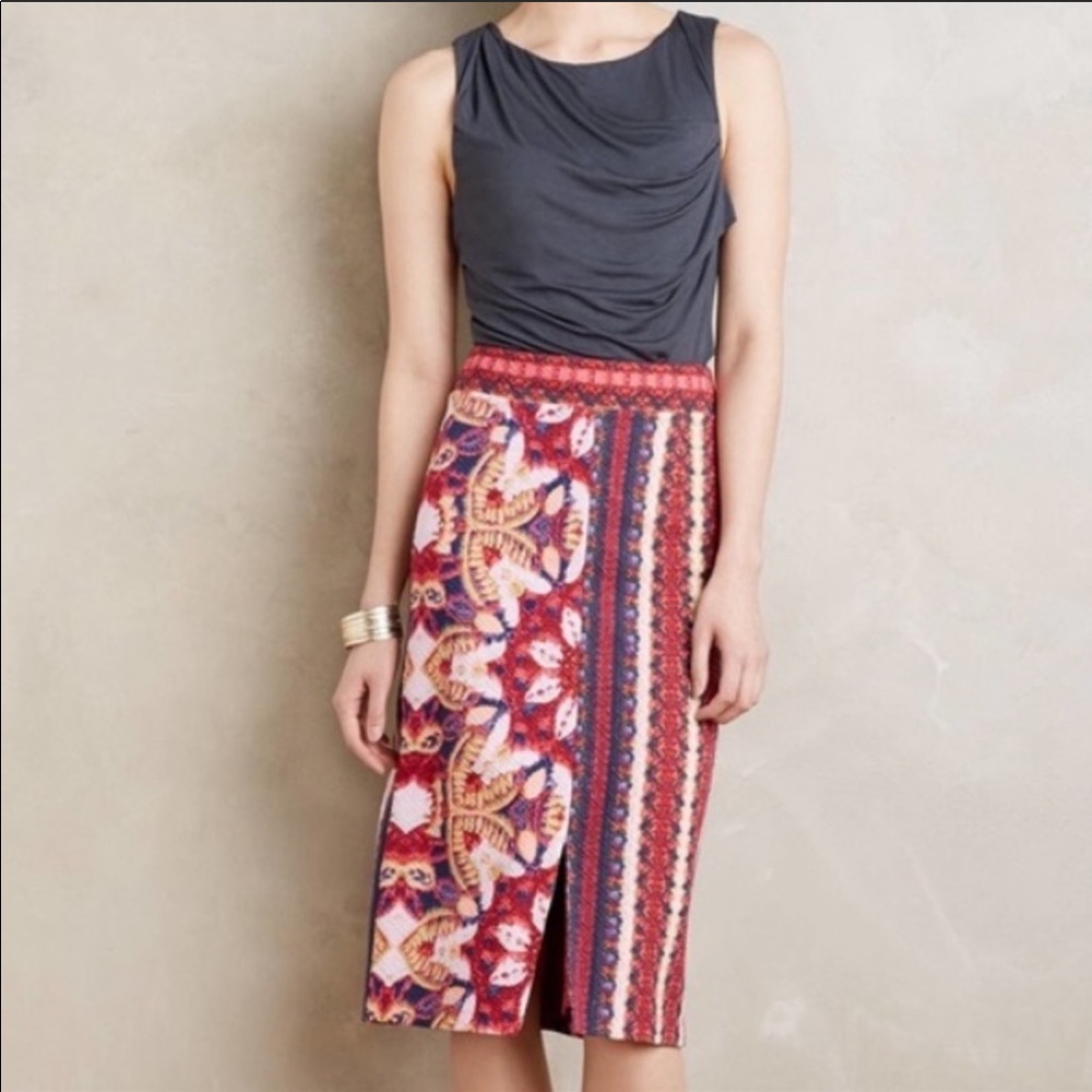 Anthropologie Red Multi Printed Midi Skirt